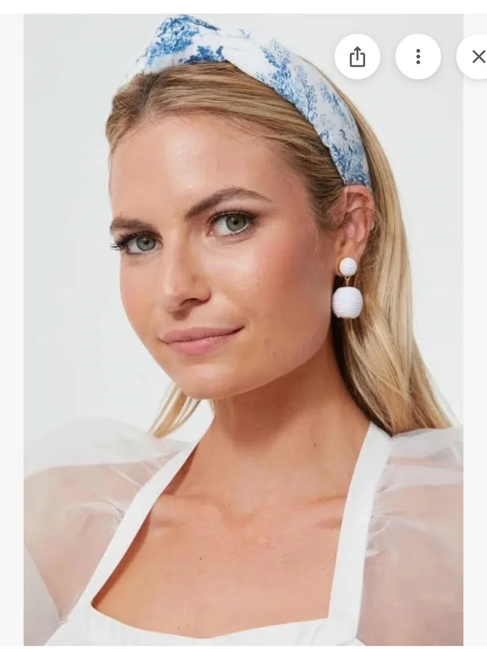 Lele Sadoughi Blue & White Toile Padded Headband with White Drop Earrings
